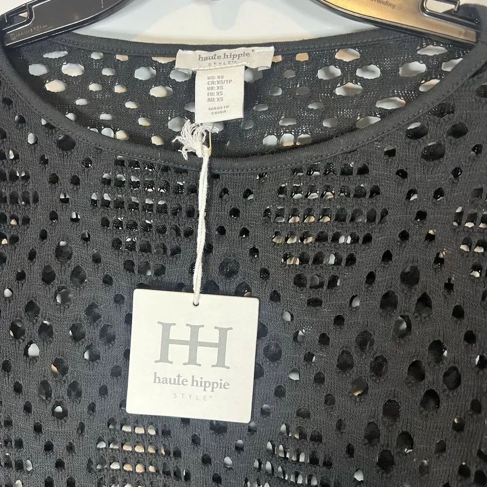 Haute Hippie Black Mesh Crochet Open Knit Long Sleeve Swim Cover Up Dress $98 XS